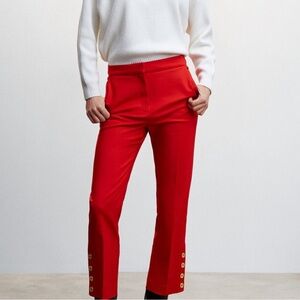 Mango Straight Leg Red Ankle Pants Trousers Gold Buttons Cropped Size 8